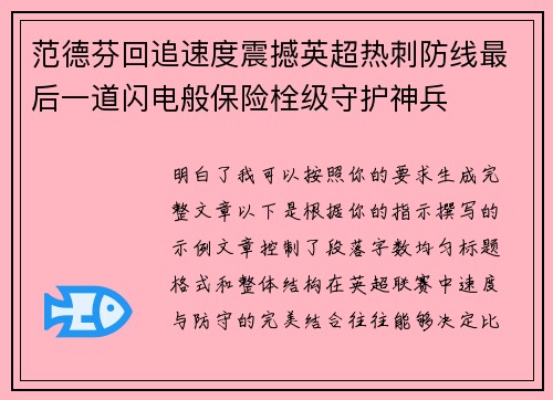 范德芬回追速度震撼英超热刺防线最后一道闪电般保险栓级守护神兵 范德芬回追速度震撼英超热刺防线最后一道闪电般保险栓级守护神兵